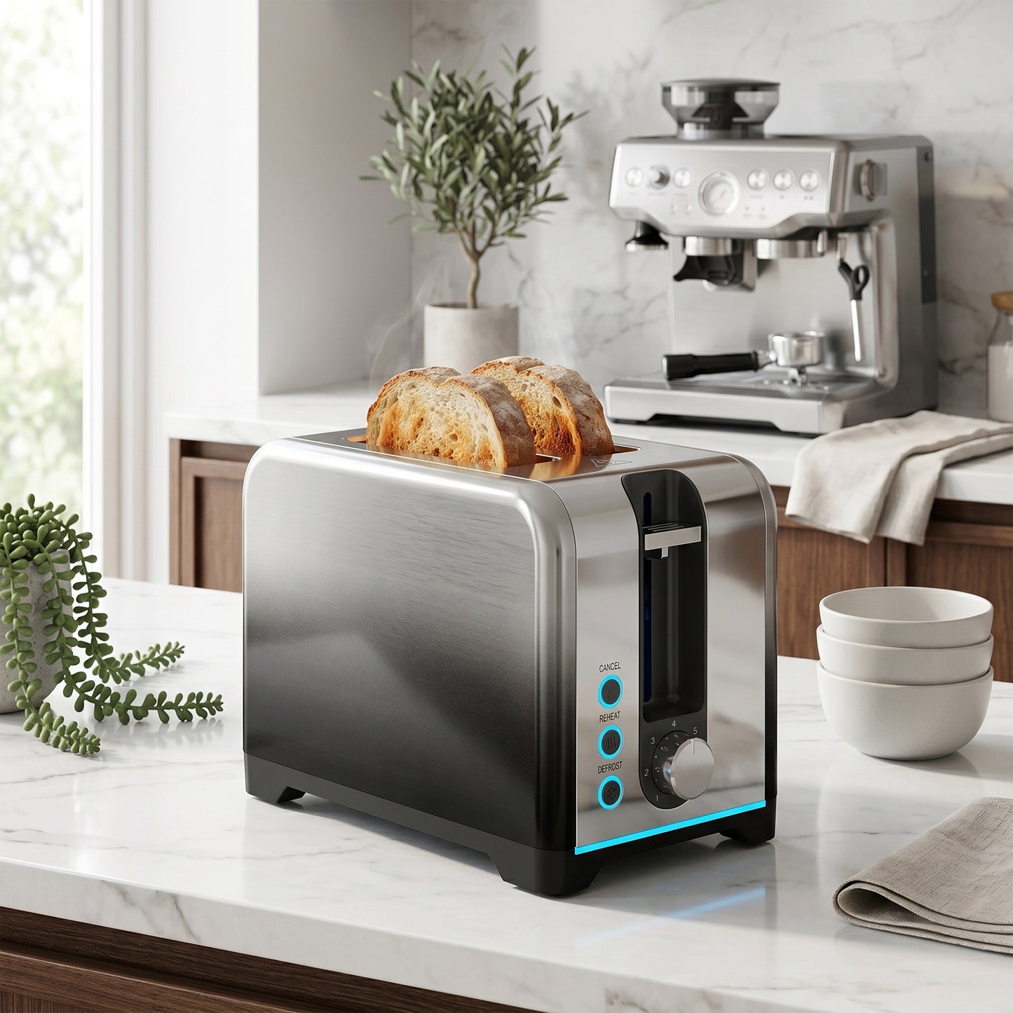 HOMCOM 2 Slice Toaster With 7 Browning Levels Reheat Defrost And Cancel Functions