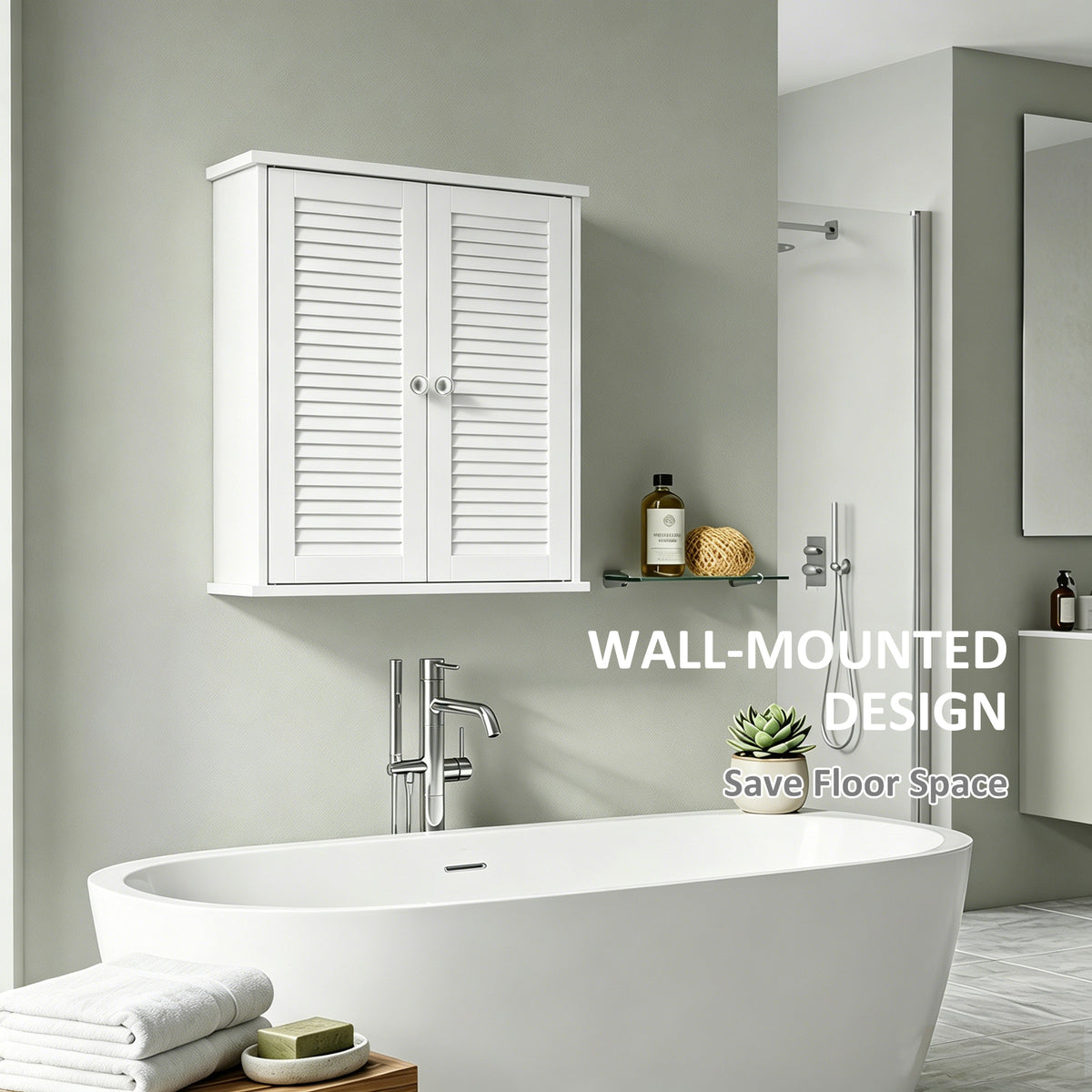 White wall-mounted bathroom wall cabinet with louvered double doors