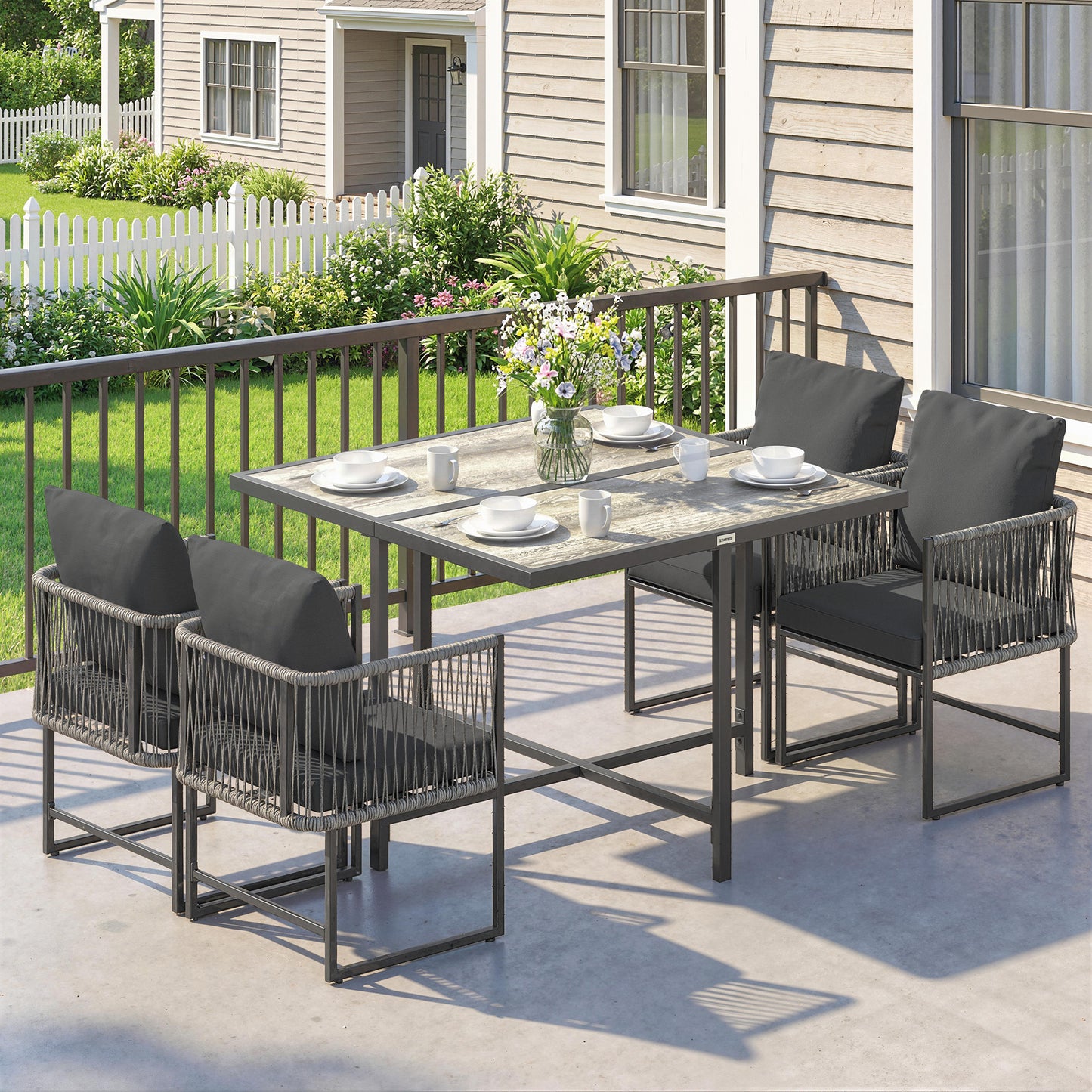 Outsunny 4 Seater Garden Dining Set Rattan Furniture With Space Saving Chairs And Thick Cushions For Patio Black