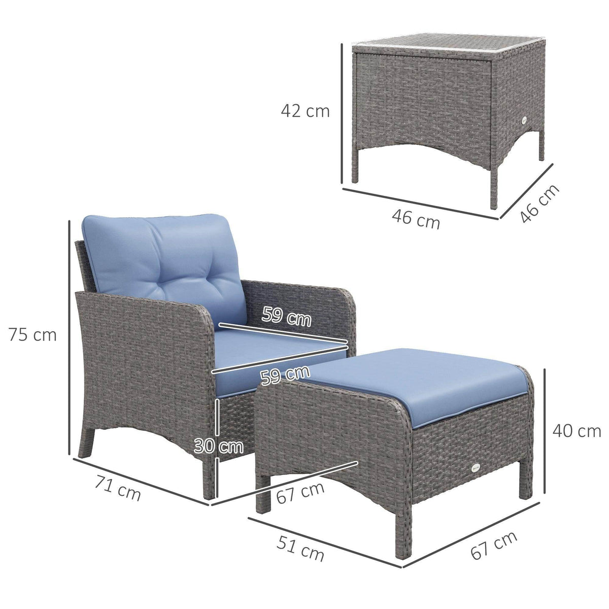 Gray PE rattan armchair with blue padded cushion and armrests, side view with dimensions