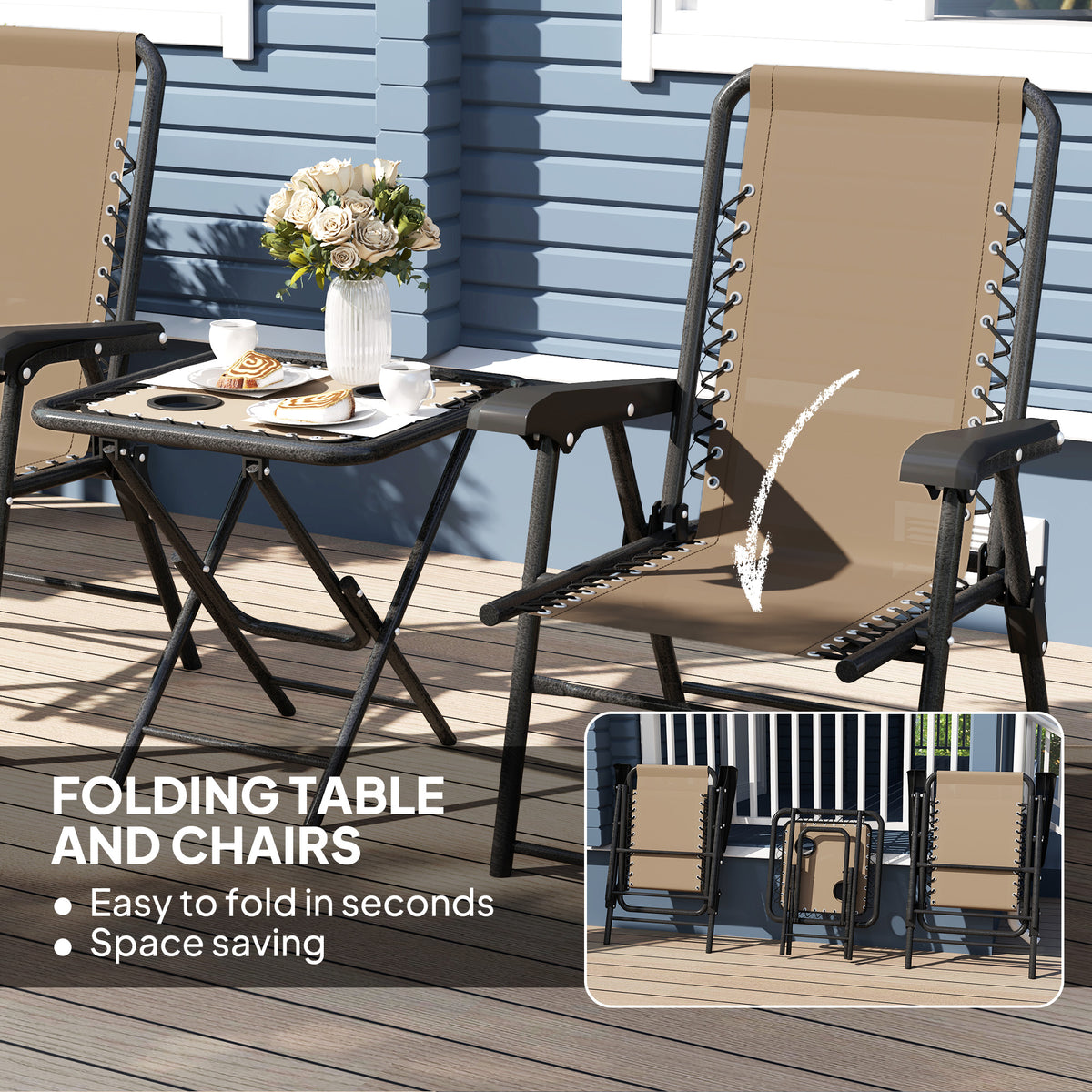 Folding outdoor bistro table with khaki chairs, black steel arms and textilene backrests