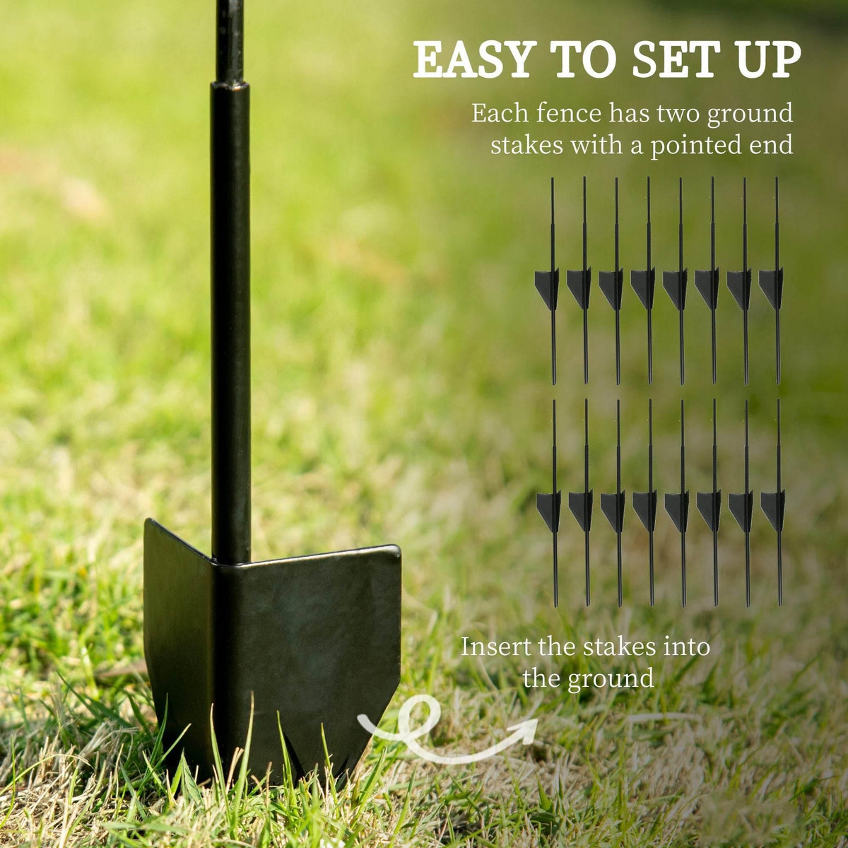 Black steel fence stake and base section for ground insertion with diamond lattice.