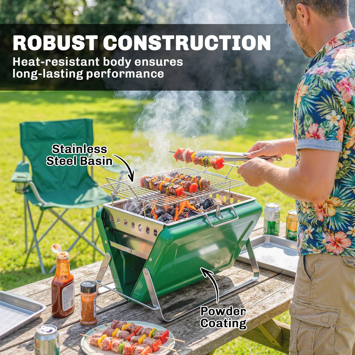Green portable charcoal grill with wire grate and coals, person grilling skewers