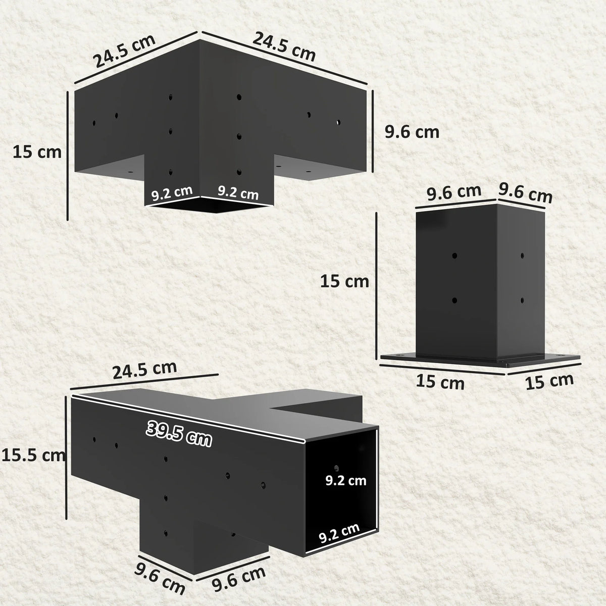 Black metal pergola bracket diagram with measurements for 9.6 cm lumber