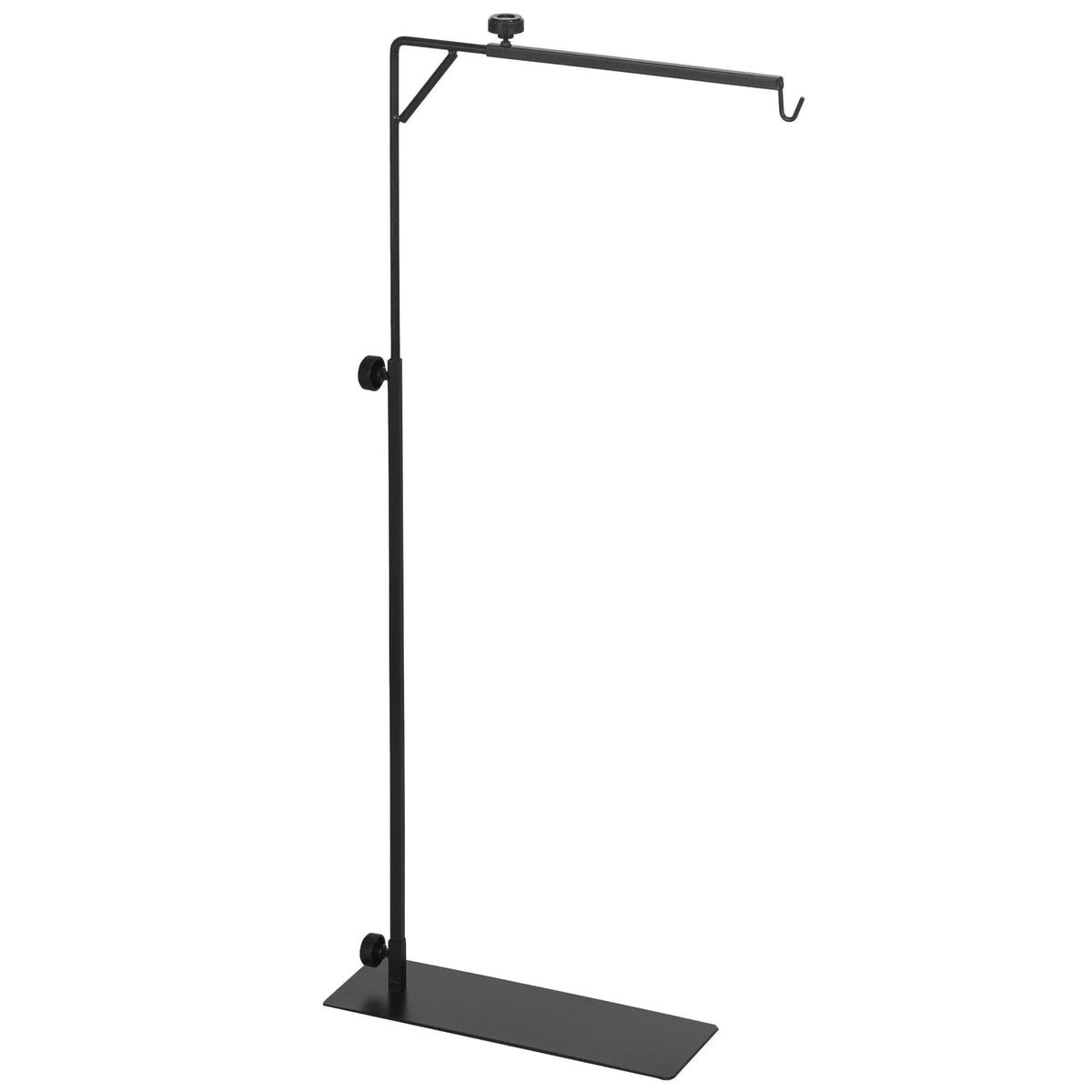 Black adjustable reptile lamp stand with long vertical pole and flat base