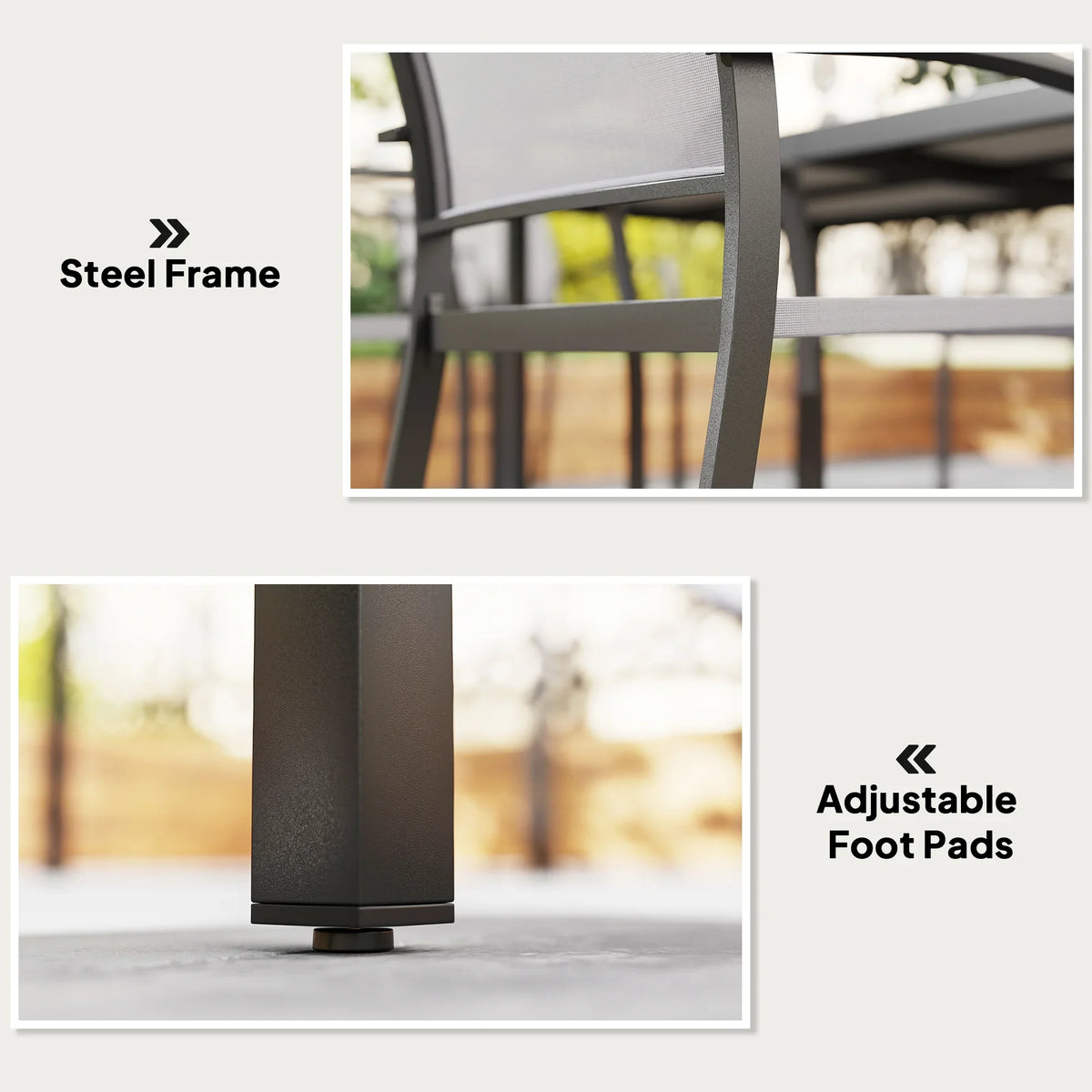 Grey dining chair with steel frame and adjustable foot pads for stable leveling