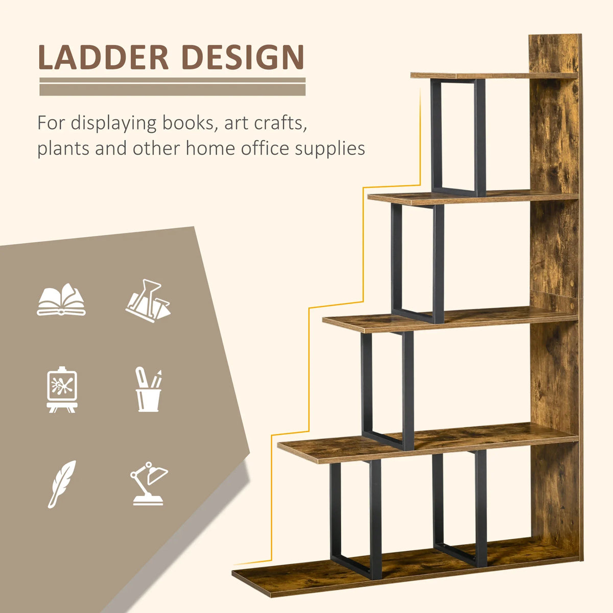Ladder design five-tier bookshelf with open shelves and rustic brown side panels