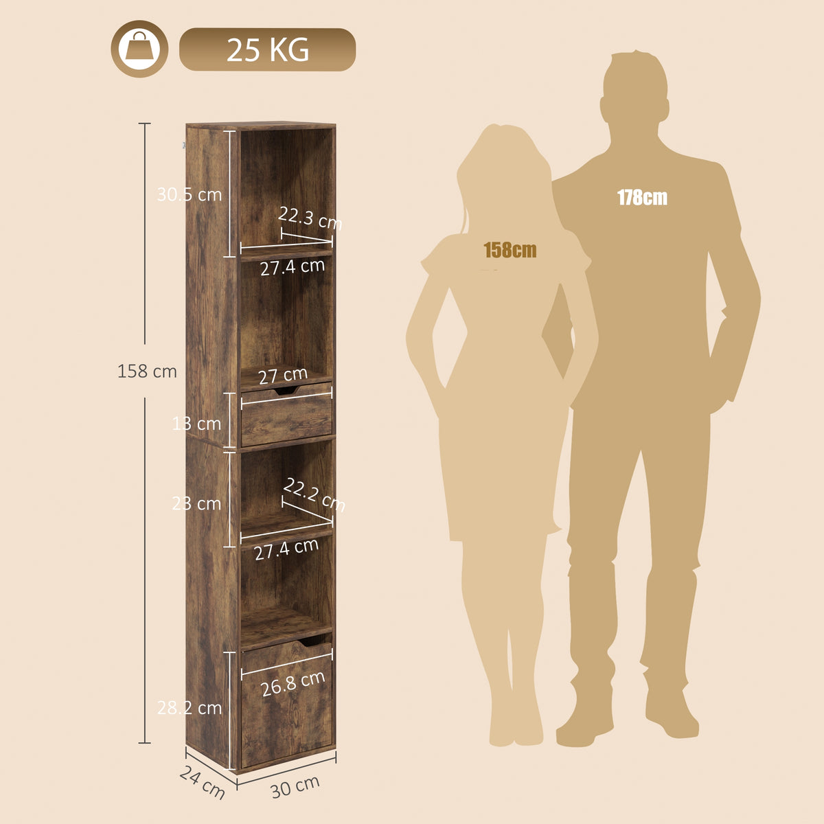 Rustic brown tall narrow bookshelf with open shelves and bottom drawer, size diagram shown