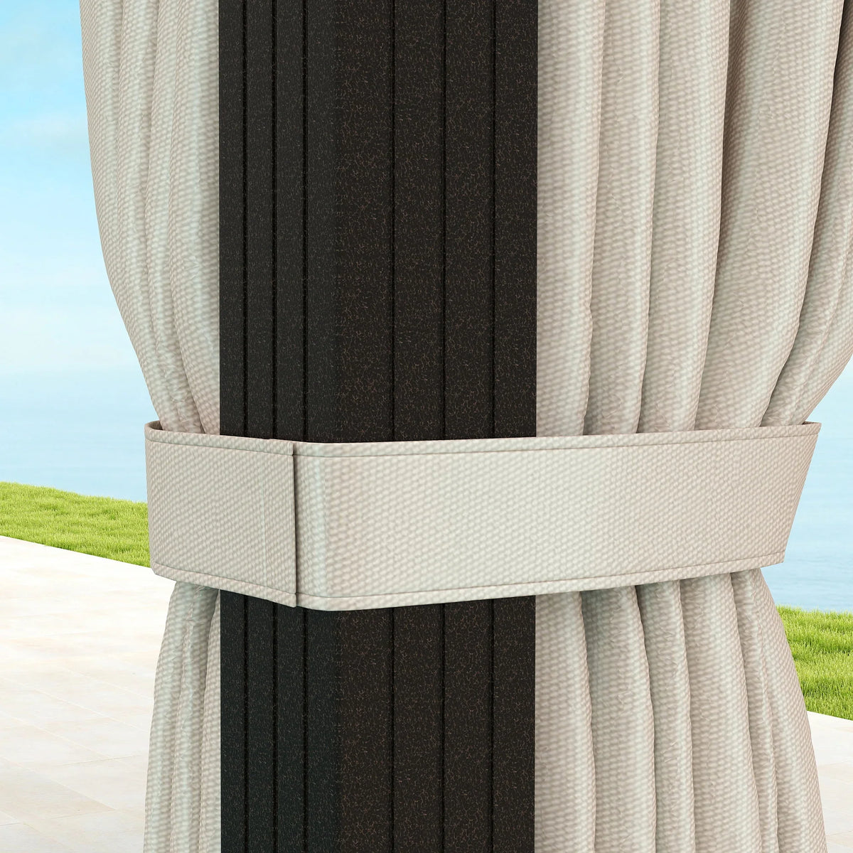 Beige curtain tied on gazebo frame post with gathered fabric pleats