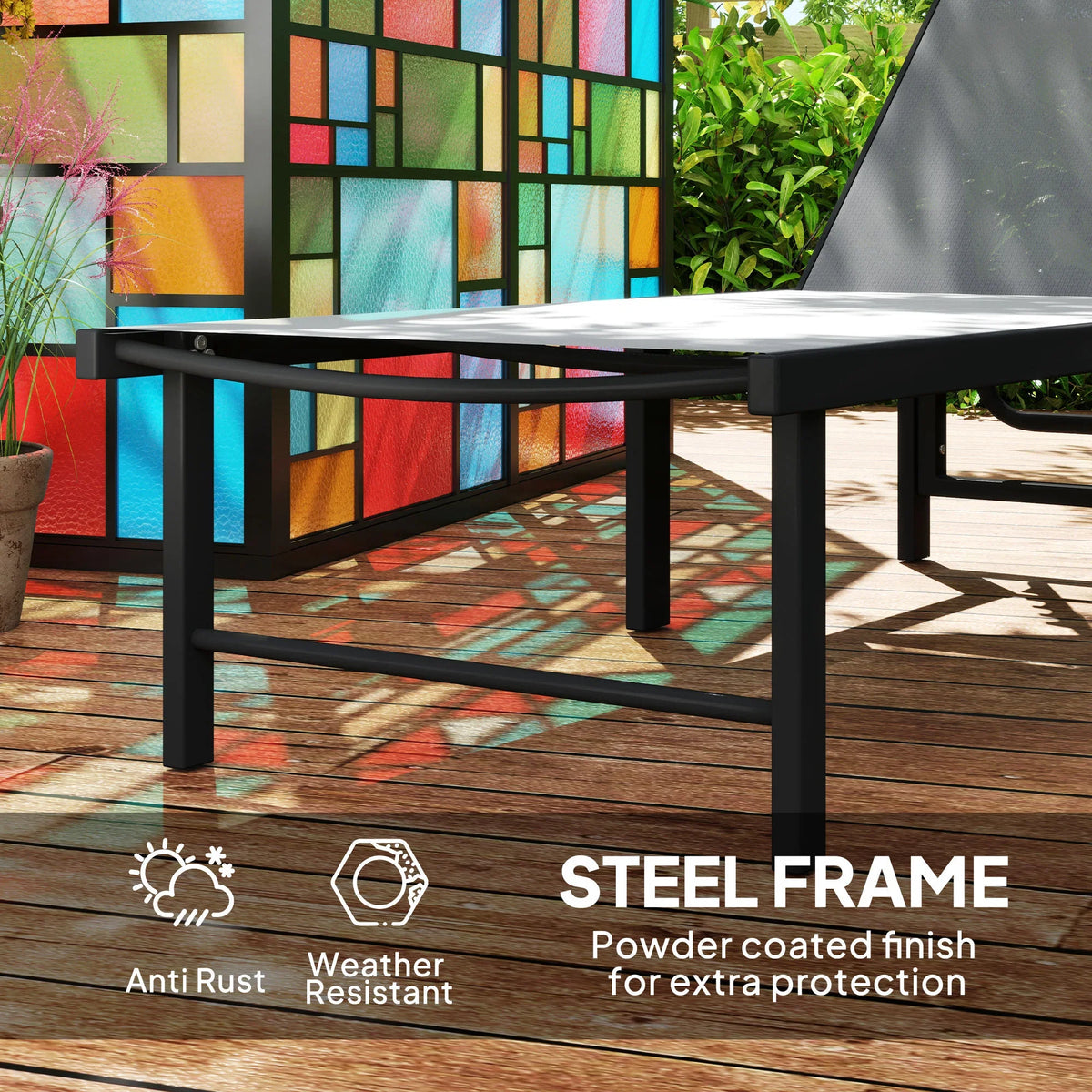 Grey reclining lounge chair with steel frame and protective finish for outdoor weather resistance