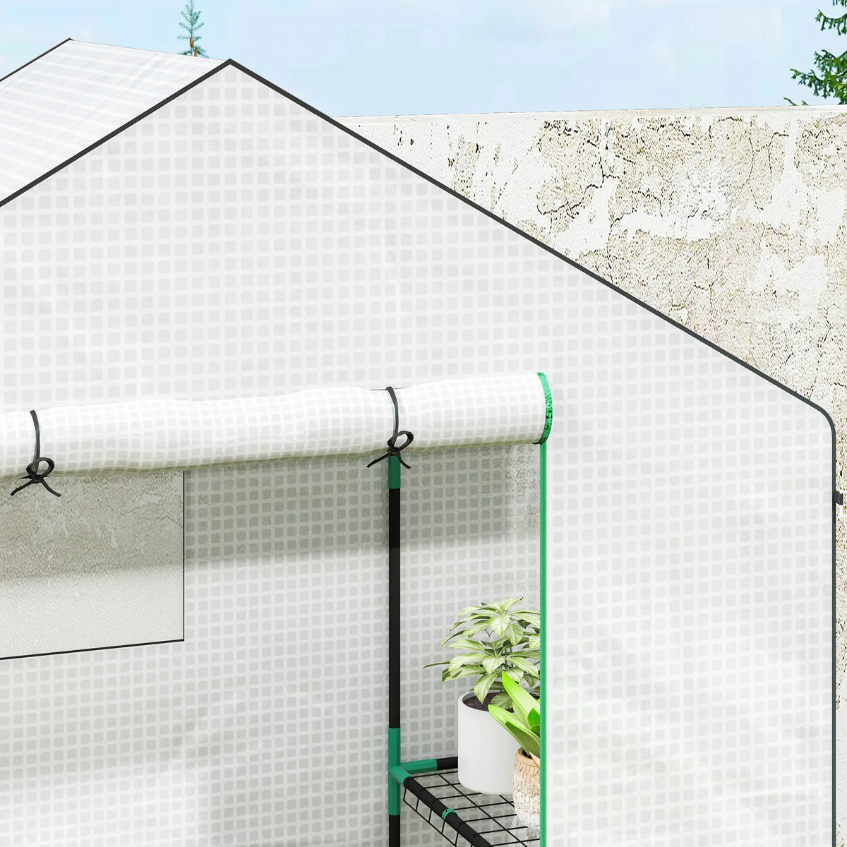 White walk-in greenhouse roof and side frame with potted plants on wire shelf