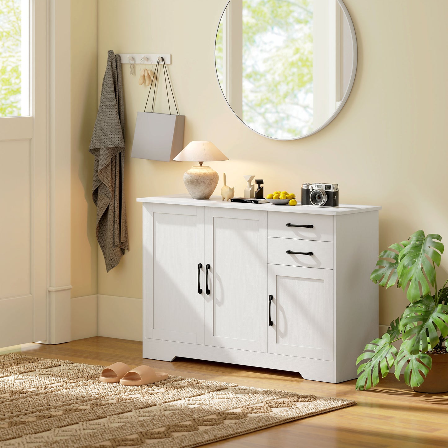 HOMCOM Sideboard With 2 Drawers And 3 Doors White Modern Storage Cabinet Kitchen Cupboard With Adjustable Shelf