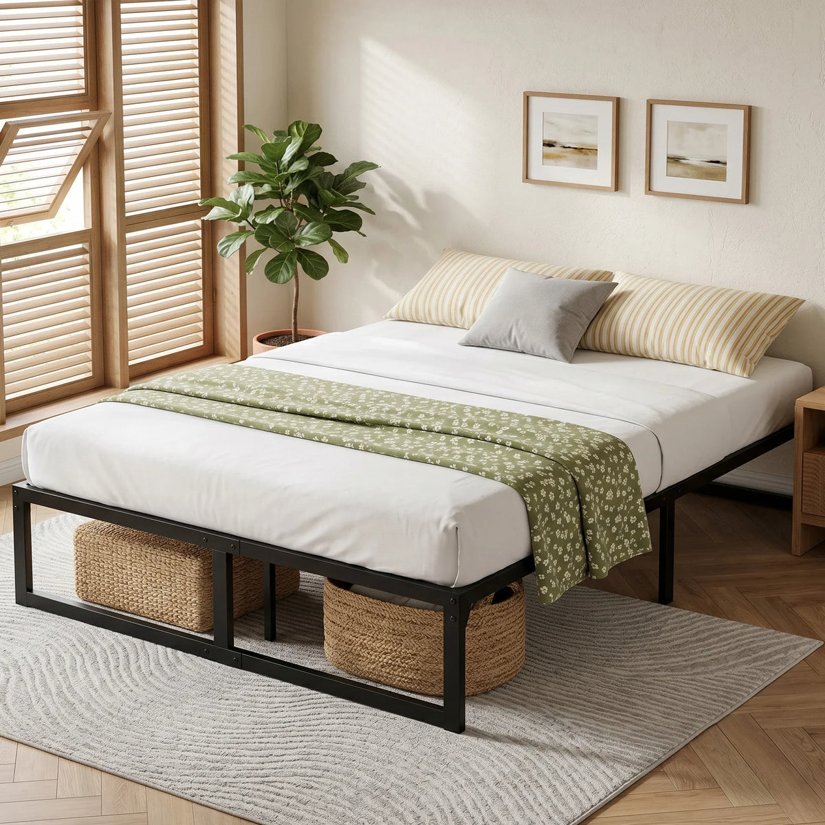 Black double bed frame with low storage base and steel slat support for a double mattress