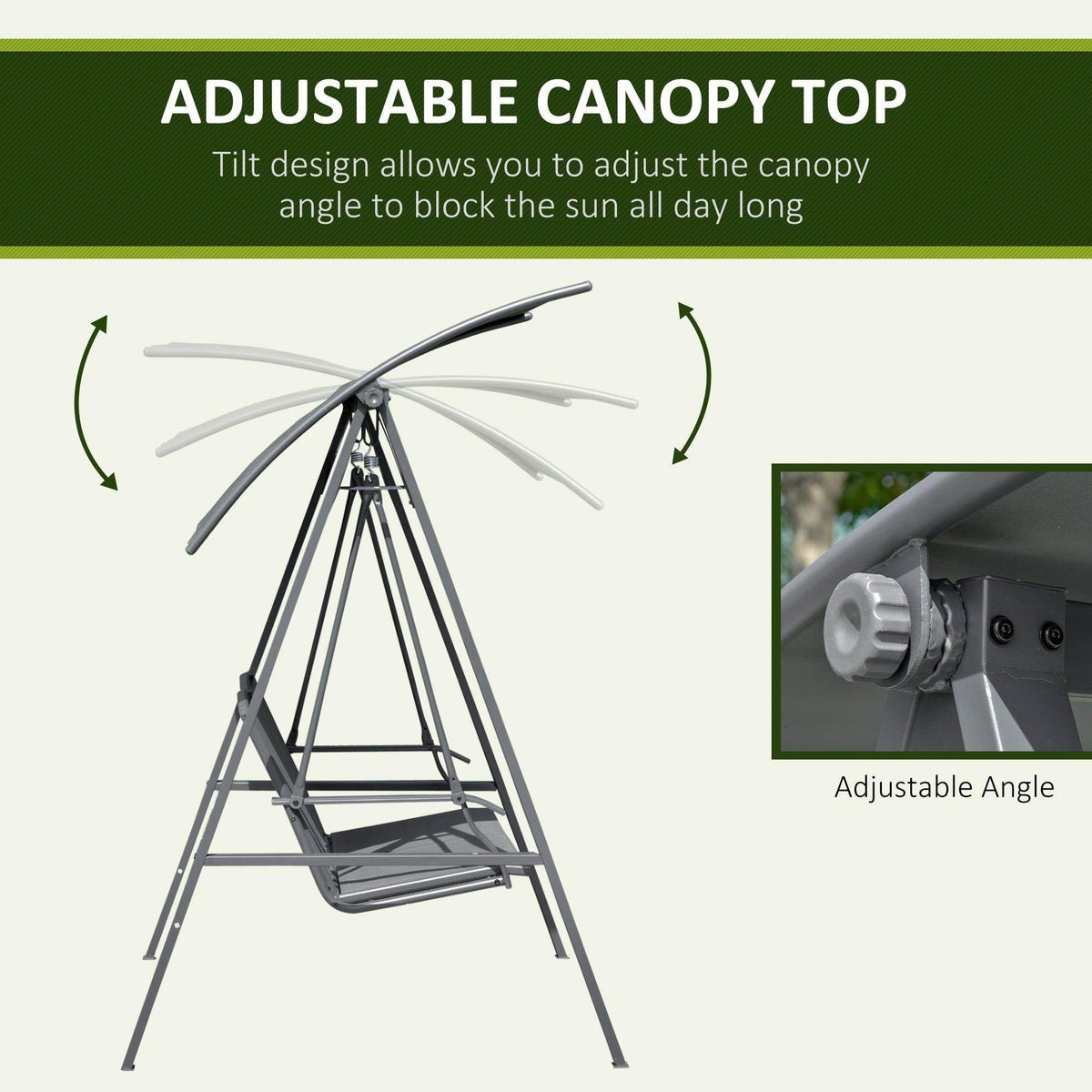Grey swing bench with adjustable canopy top and tilted angle support mechanism