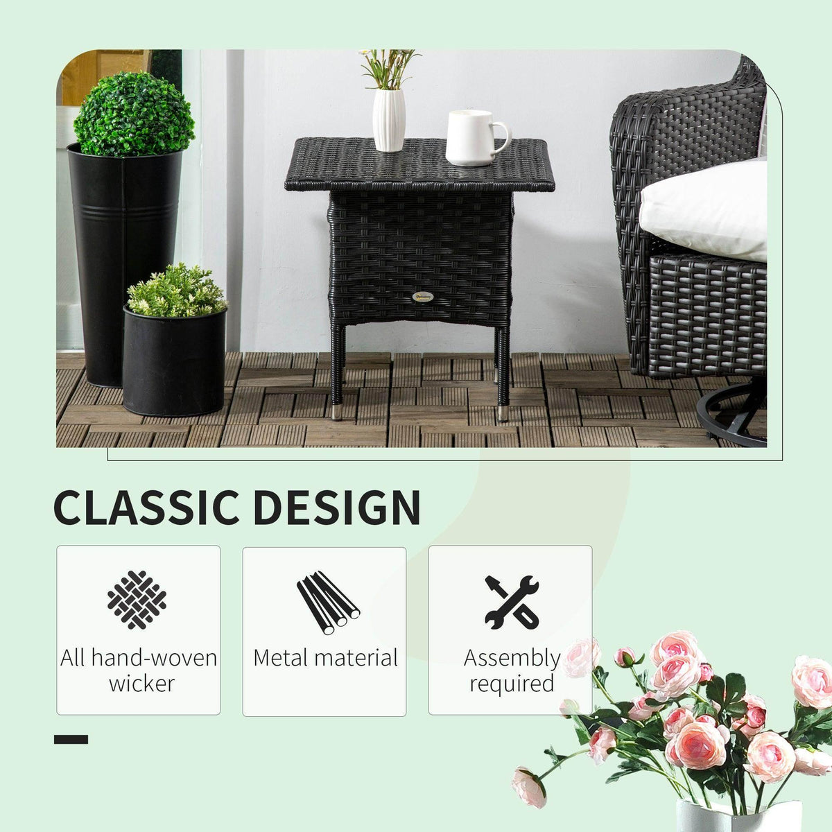 Black PE rattan side table with drawer, woven surface, and metal feet