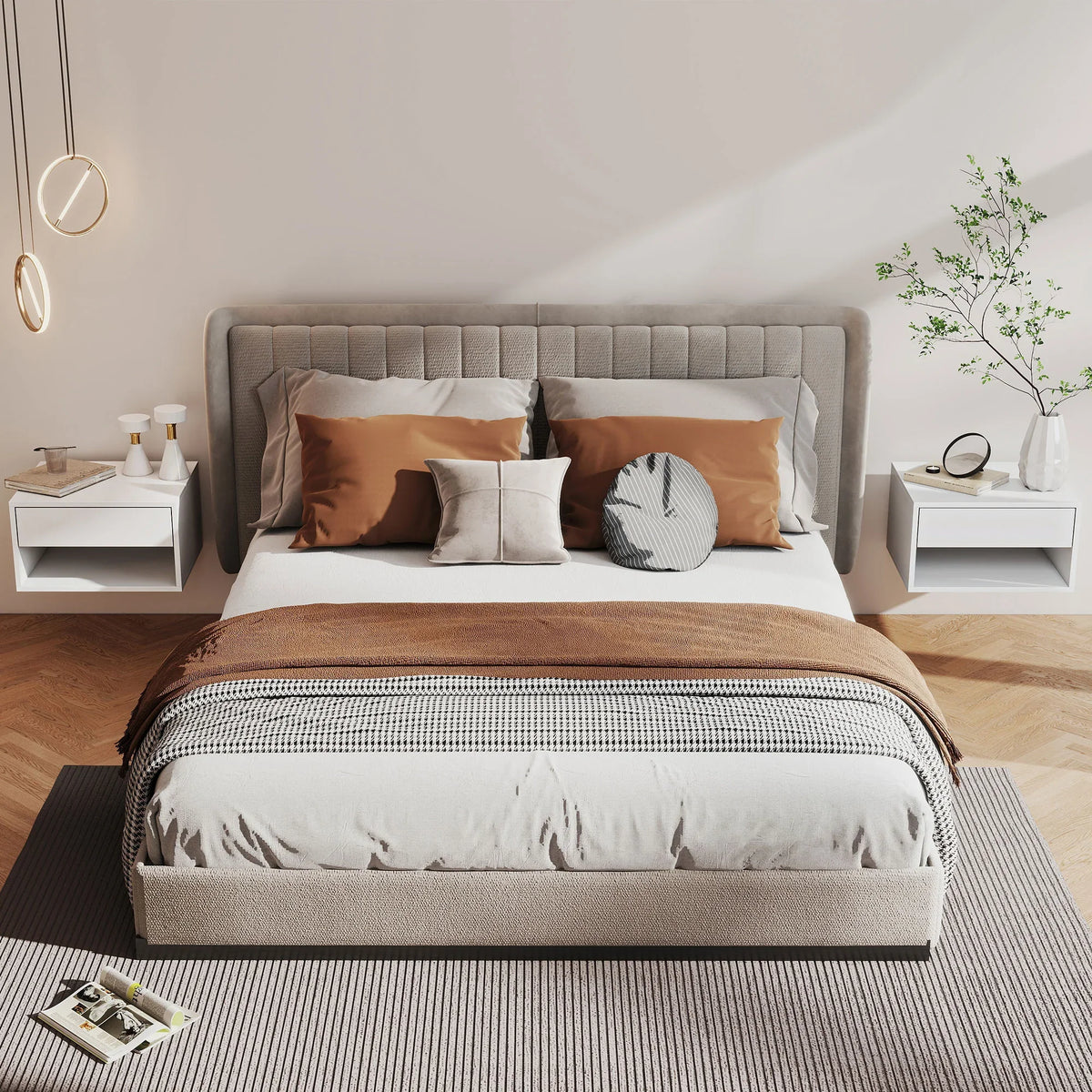 White floating bedside table set of two with drawer and open shelf beside the bed
