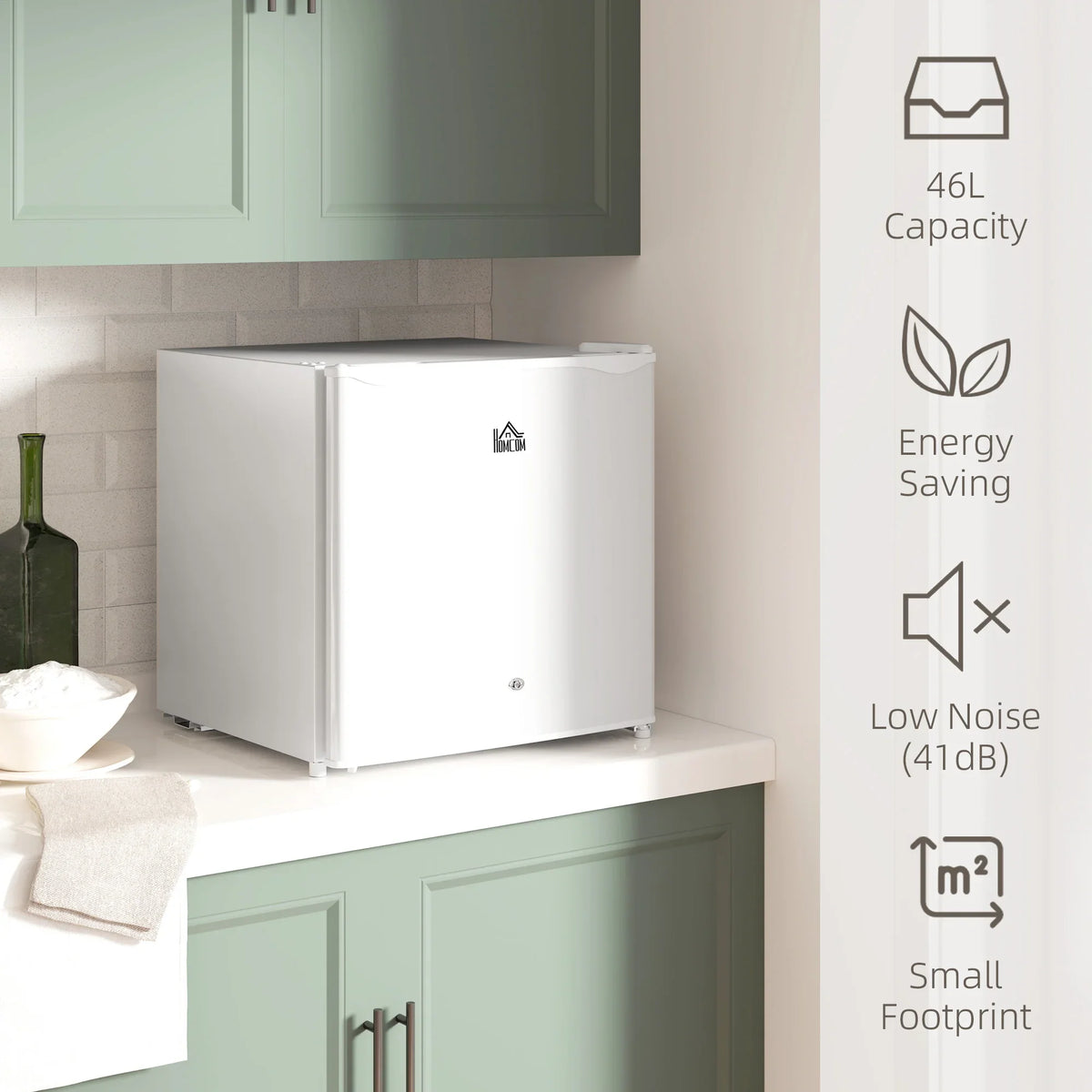 Cream white countertop lockable refrigerator on a kitchen shelf, door closed.
