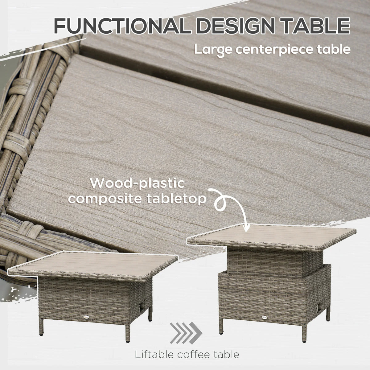 Liftable outdoor coffee table with PE rattan sides and composite tabletop top