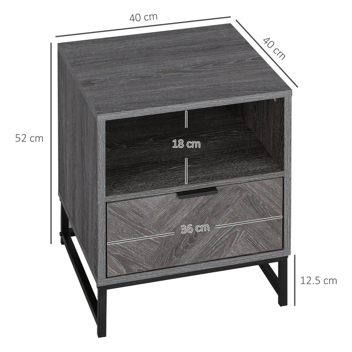 Dark gray wood bedside table with drawer, open compartment, and shelf