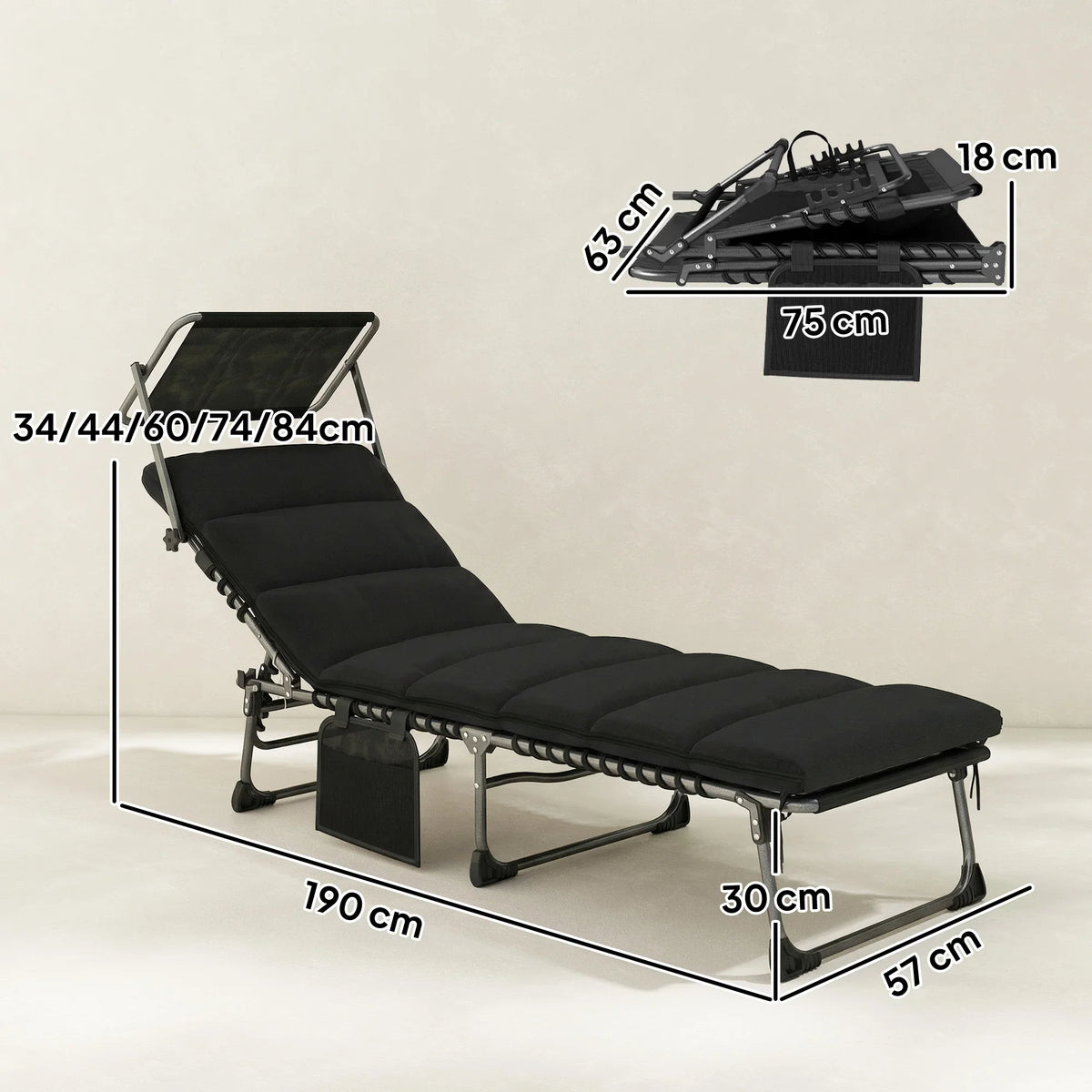 Black folding sun lounger with padded seat and adjustable back legs