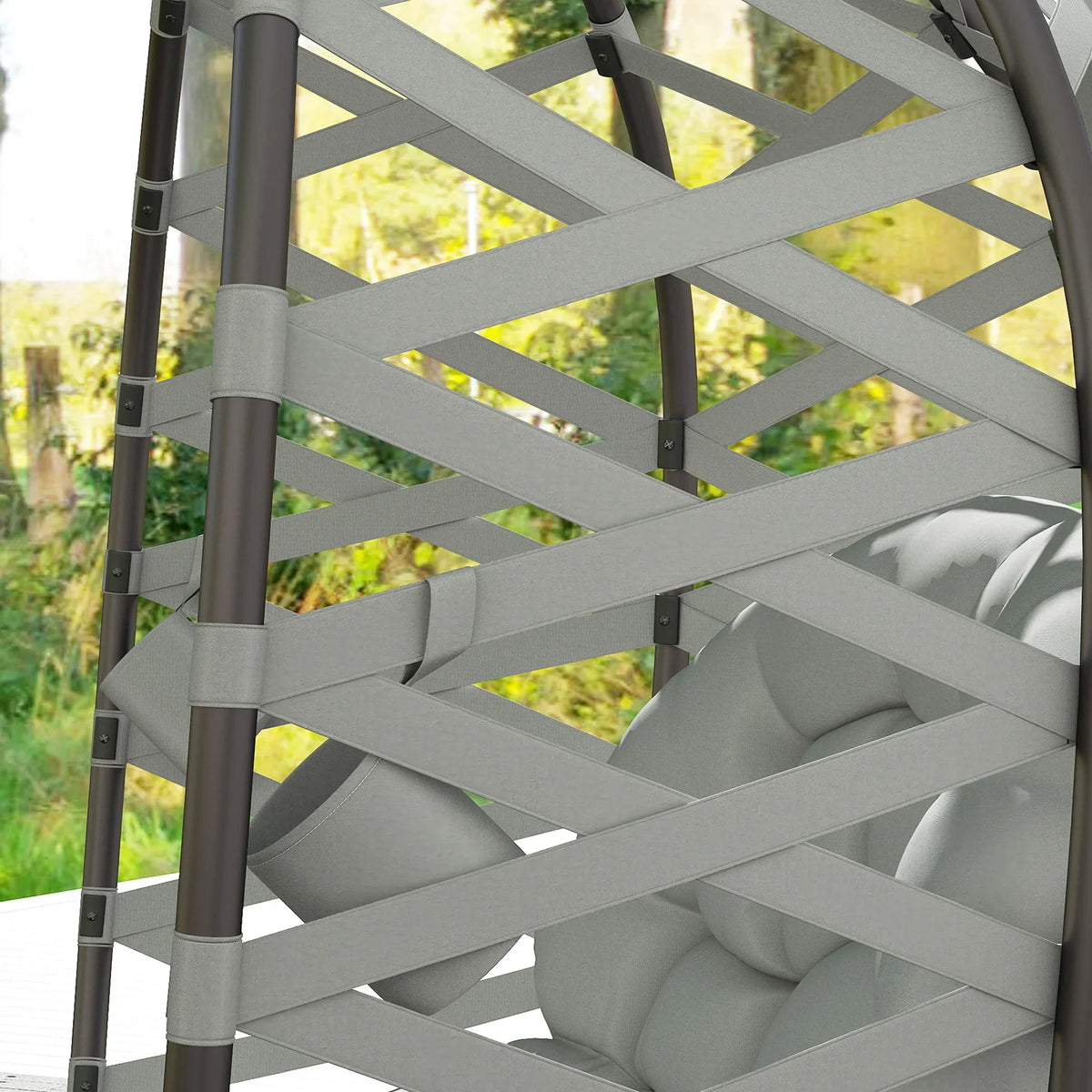 Light grey woven metal lattice frame with diagonal crossbars for egg chair basket