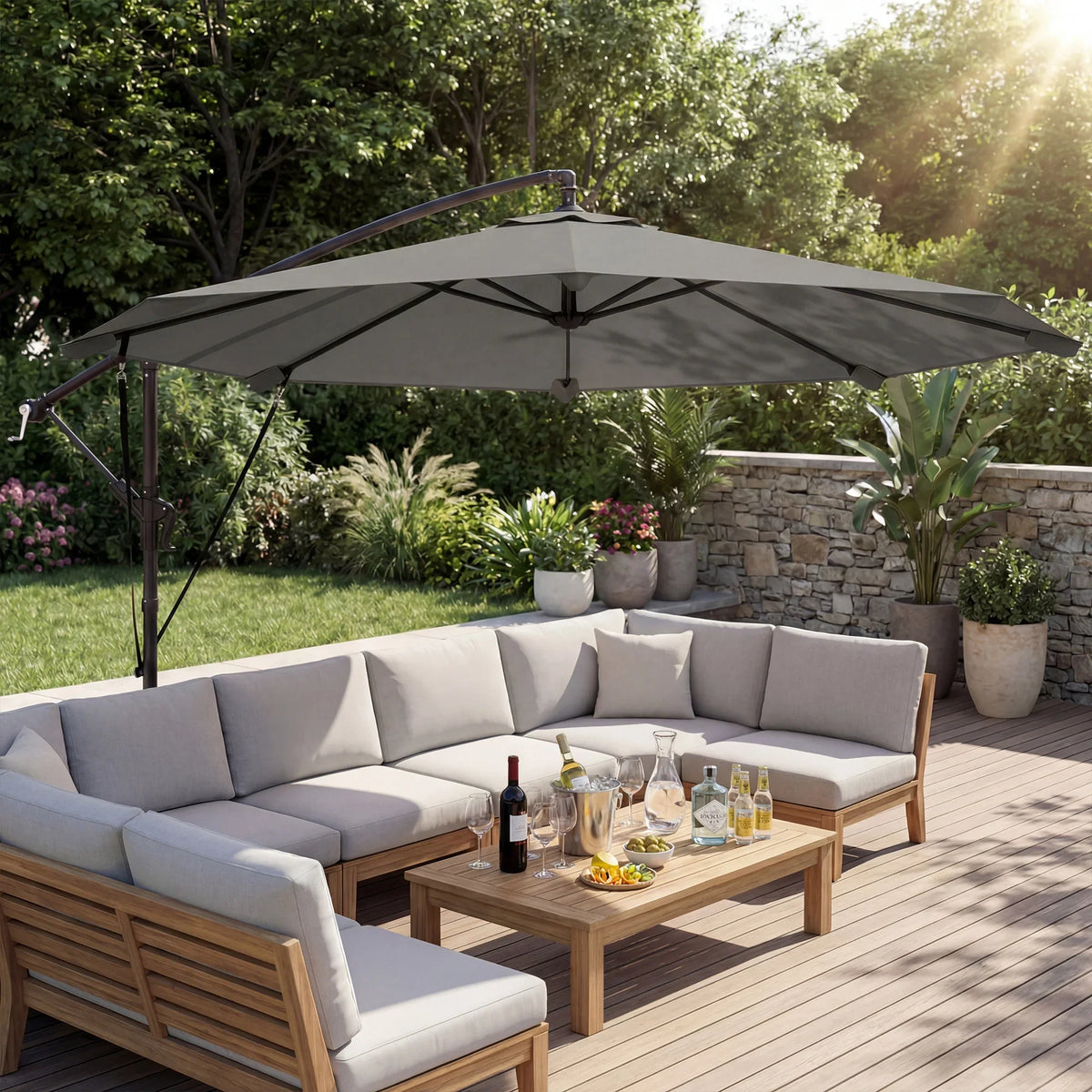 Gray cantilever parasol over outdoor sectional sofa with open canopy