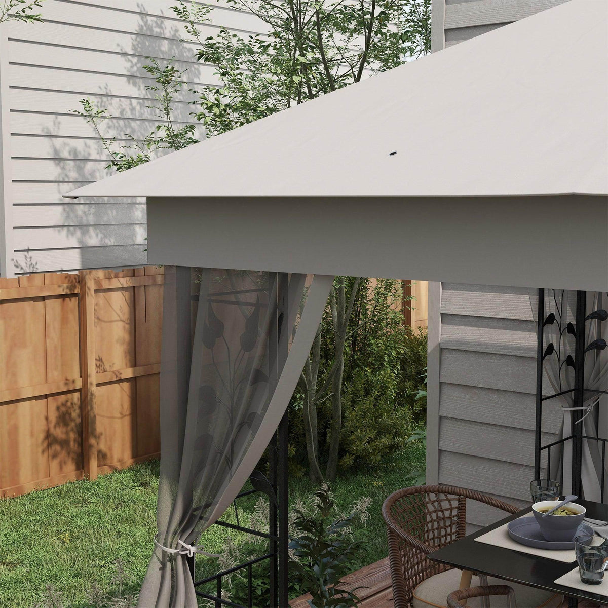 Light grey gazebo canopy with hanging netting side curtains in a backyard