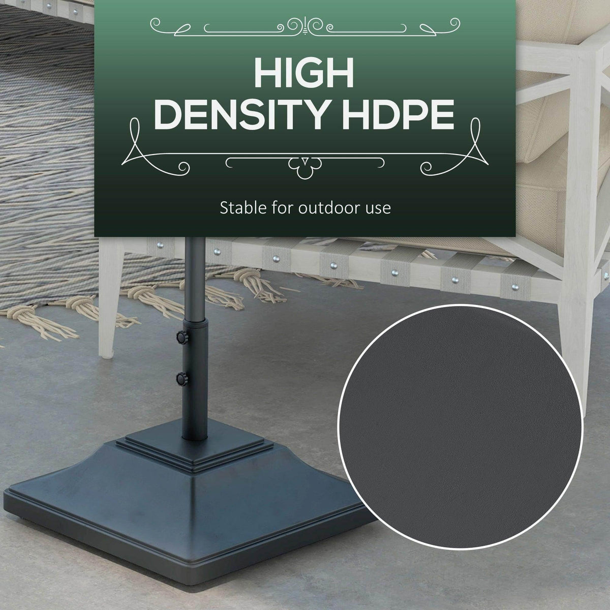 Black heavy-duty plastic parasol base with center pole and four caster wheels.