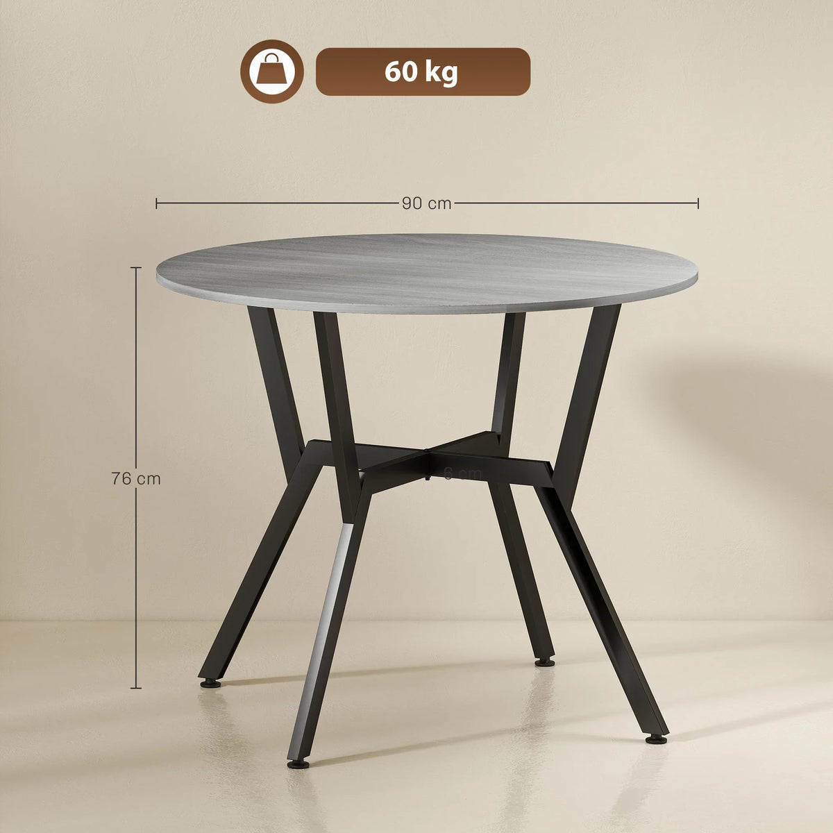 Round grey tabletop dining table with black steel legs, 90 cm diameter