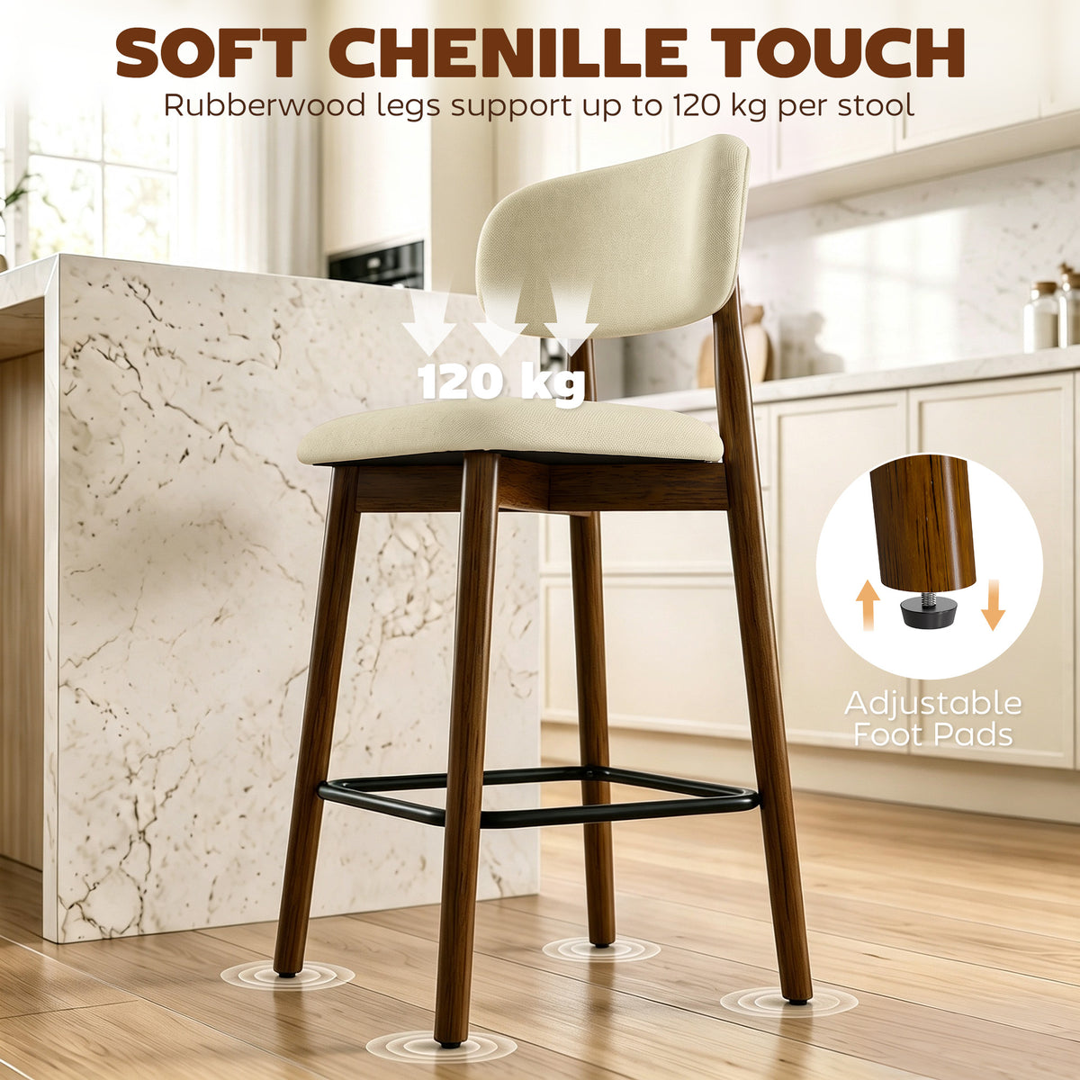 Beige bar stool with curved backrest, wooden legs, and black footrest