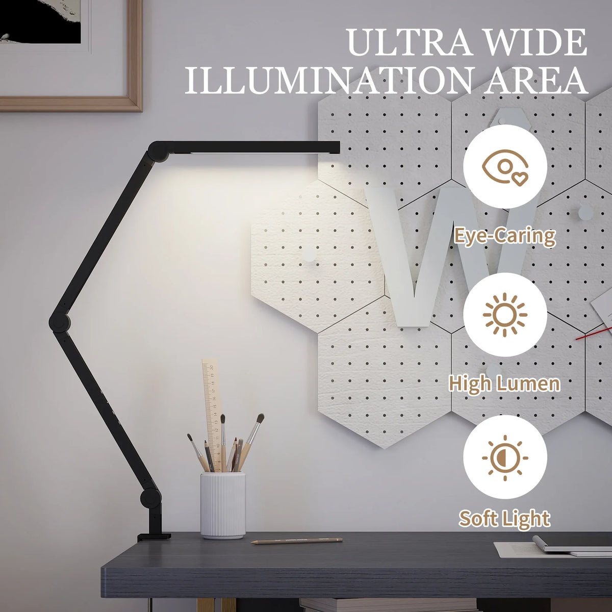 Black LED desk lamp on desk with visible light coverage on wall