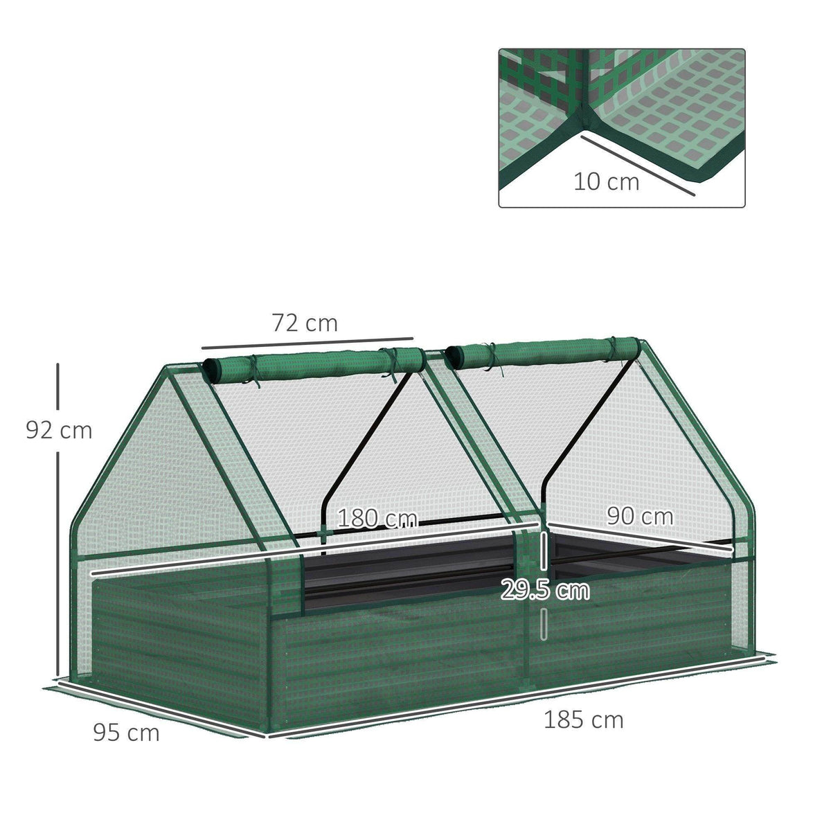 Green greenhouse raised planter box diagram with transparent mesh cover and metal frame