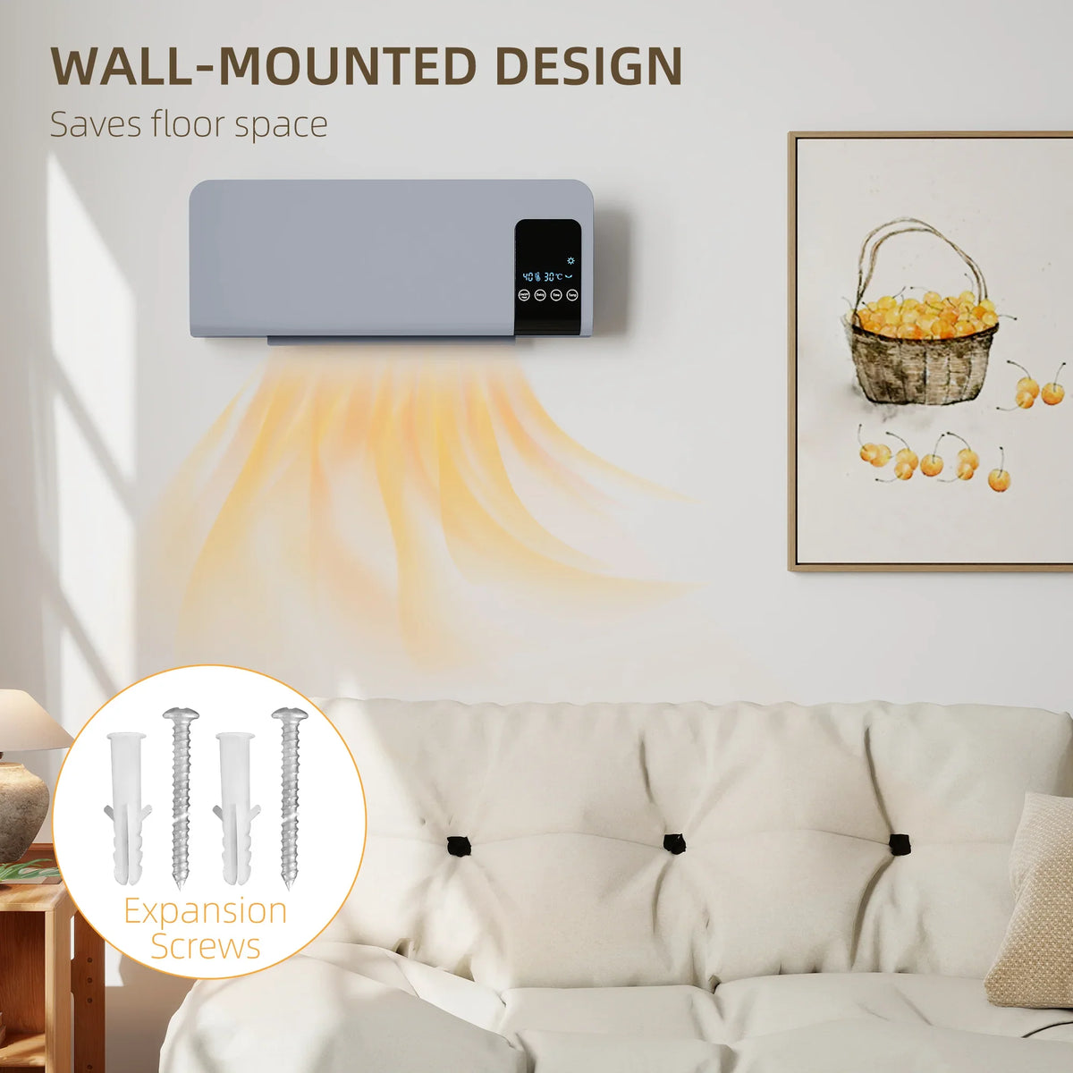 Grey wall-mounted heater with mounting screws shown for installation