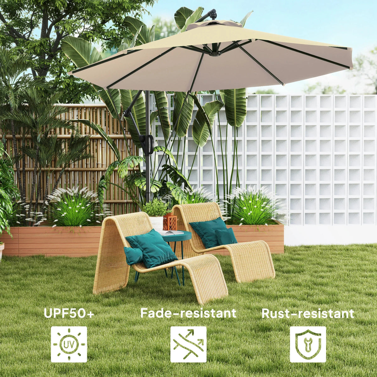 Khaki cantilever garden parasol with black frame over outdoor seating