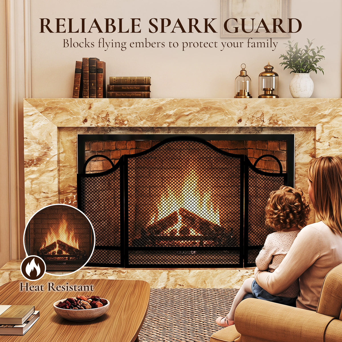 Black fireguard fireplace screen with arched top and fine mesh front
