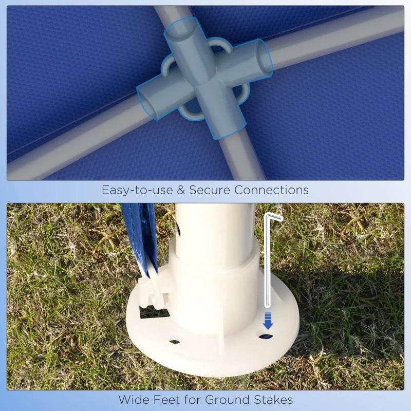 Blue gazebo canopy corner with tubular frame connection and wide base for stakes