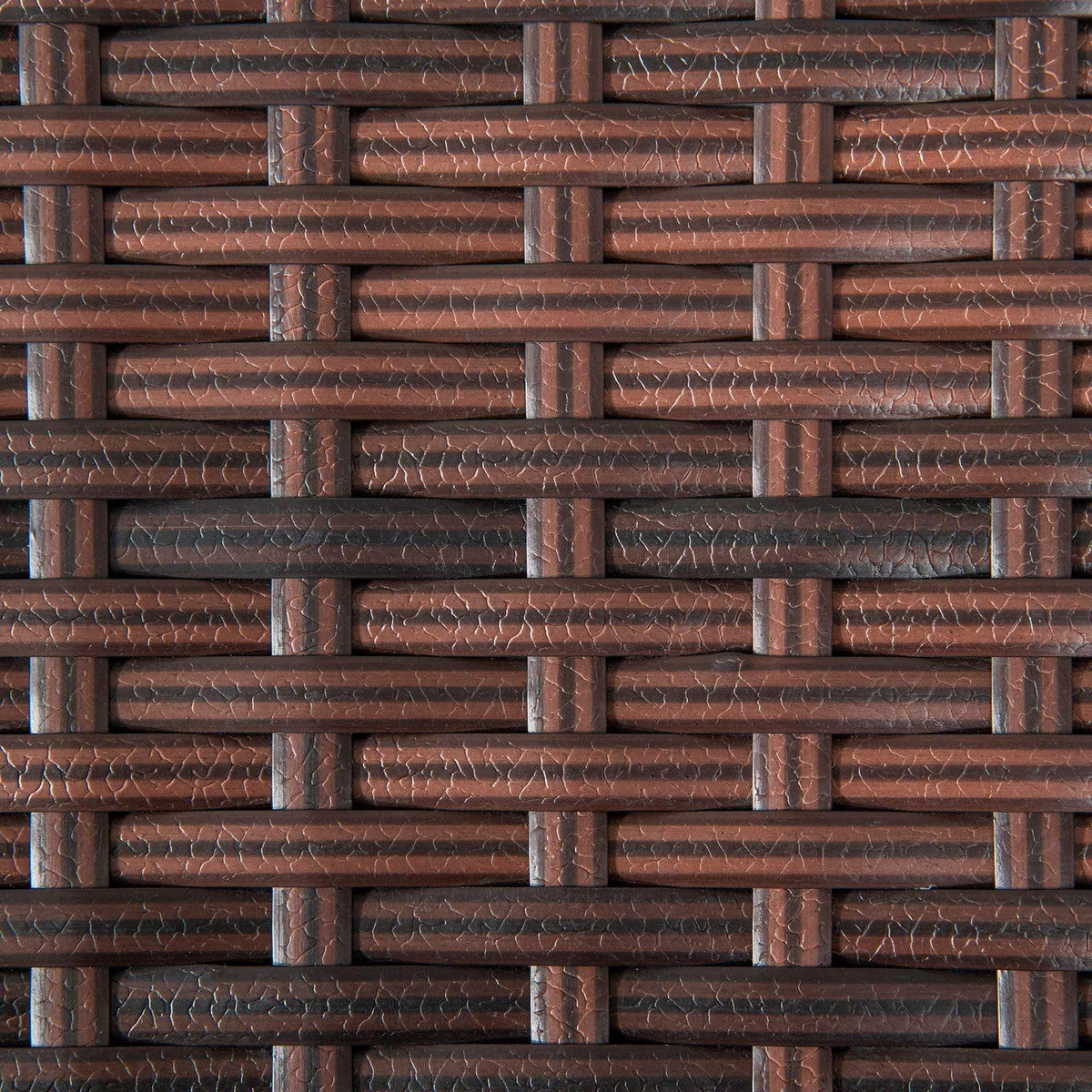 Close-up of dark brown woven rattan pattern with rectangular weave blocks
