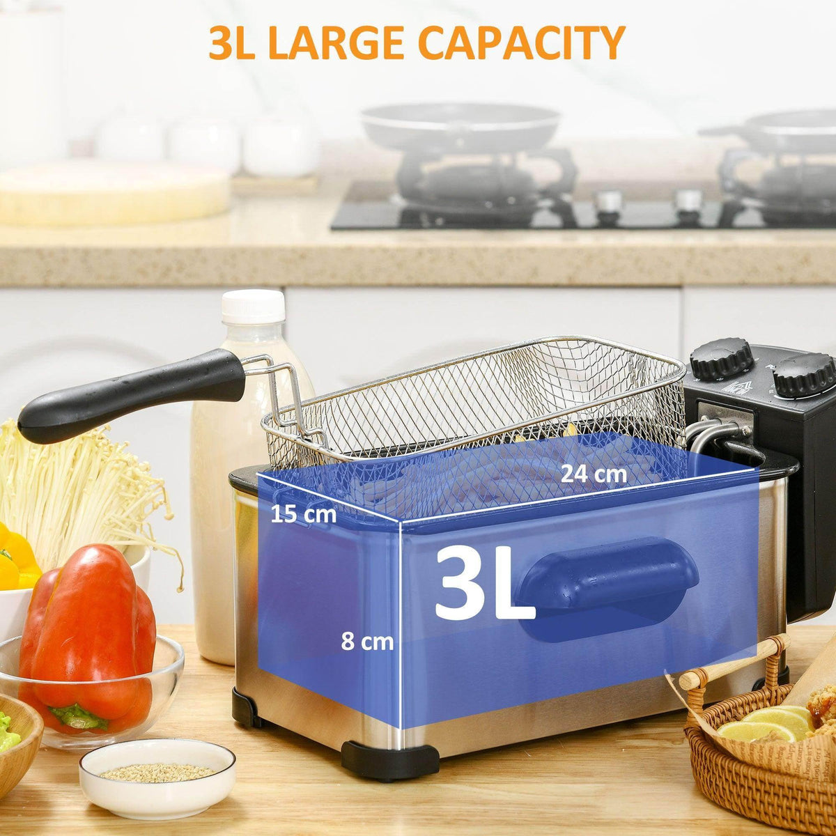Stainless steel deep fat fryer with 3L capacity basket for frying