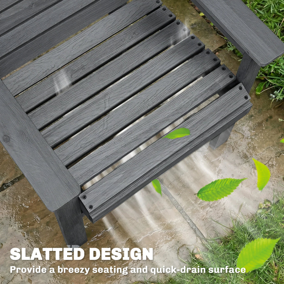 Grey slatted outdoor chair seat and back for quick-drain airflow