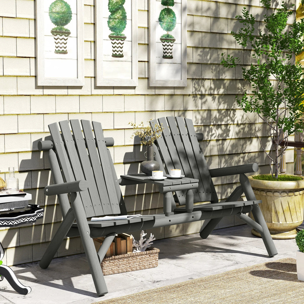 Grey two-person patio bench with center table, slatted back and wide armrests