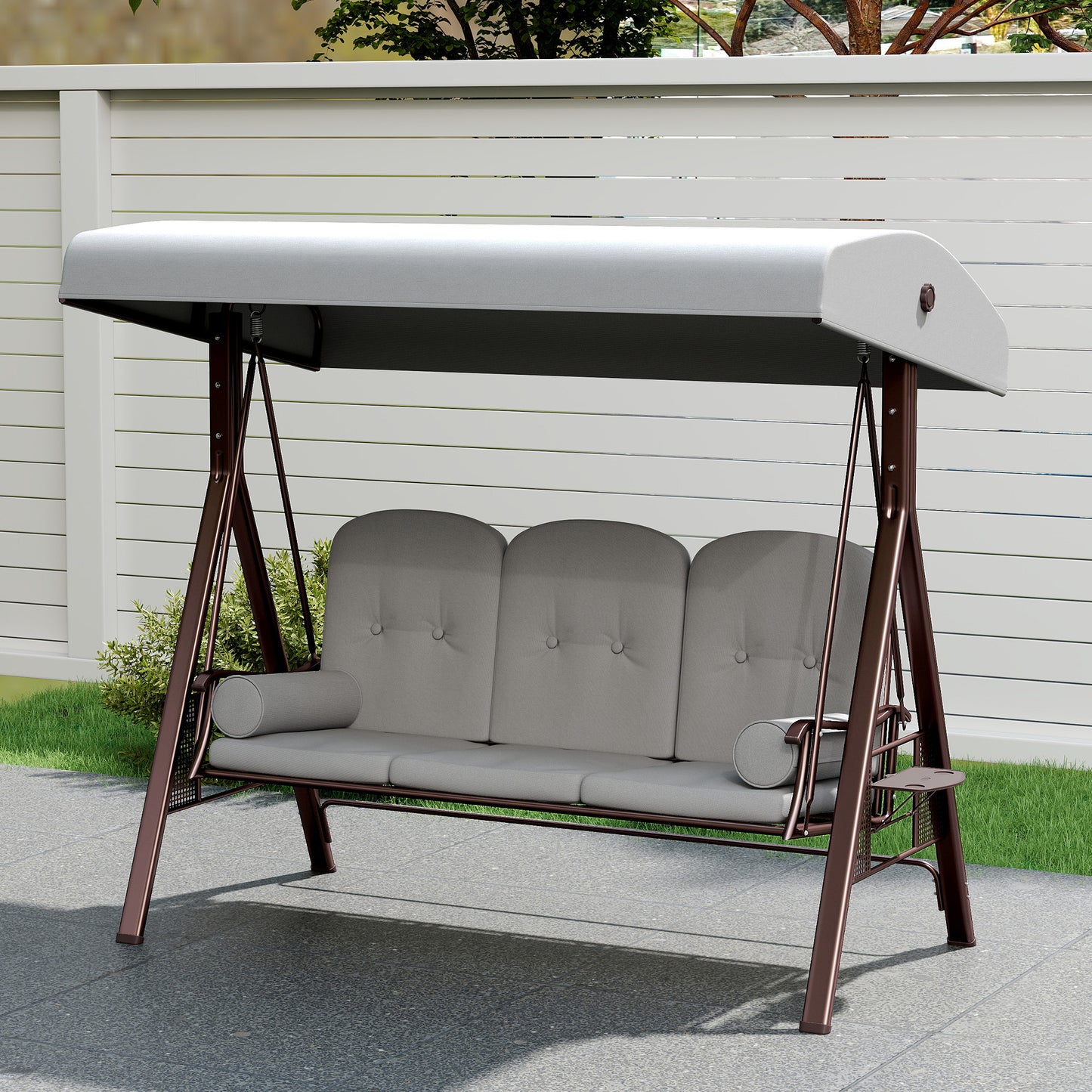 Outsunny Three Seater Canopy Swing Chair Garden With Adjustable Canopy Cushions Cup Trays Steel Frame Light Grey
