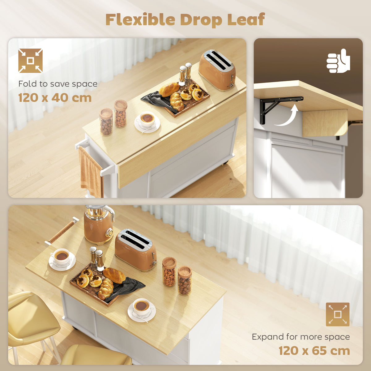 White kitchen island cart with flexible drop-leaf top for expanded or folded prep space