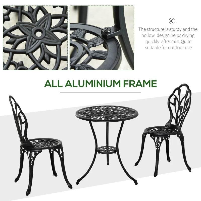 Black three-piece outdoor bistro set with all-aluminum frame and floral lattice details