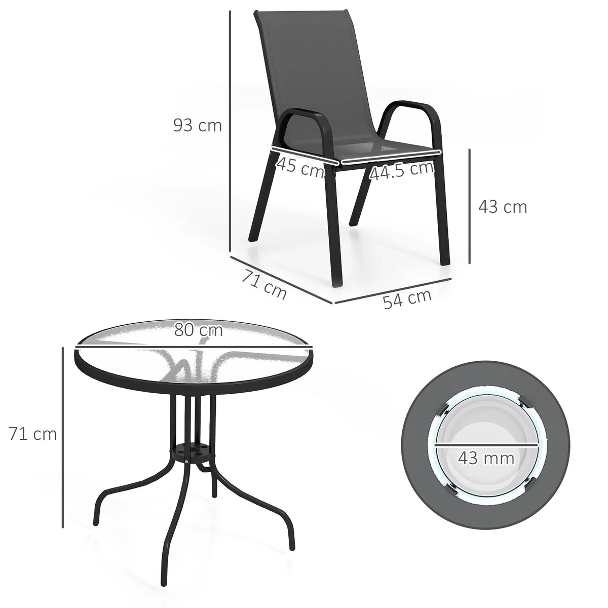 Black stackable patio chair and round glass-top table size diagram
