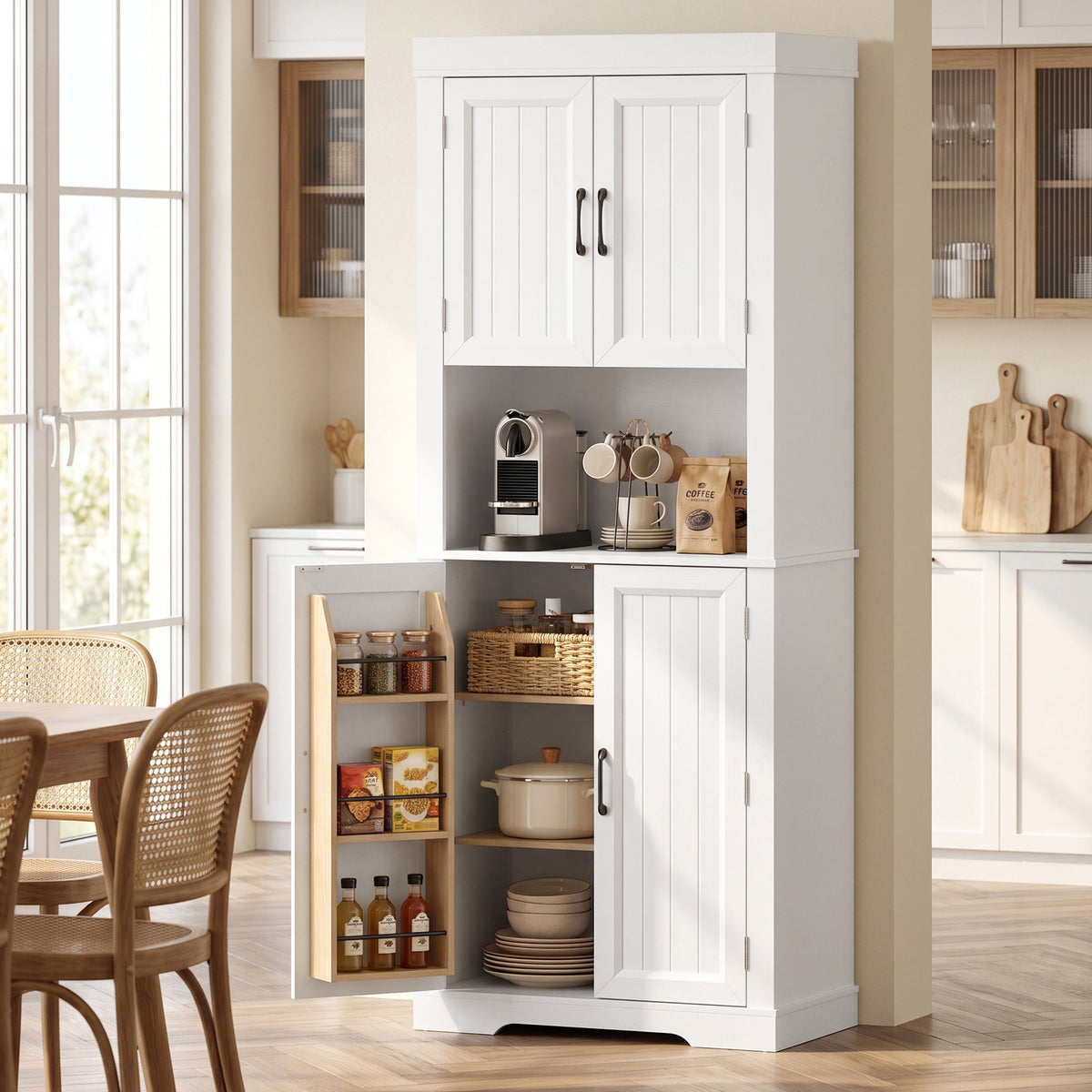 White tall cabinet with open compartments and doors, styled with kitchen cookware and jars