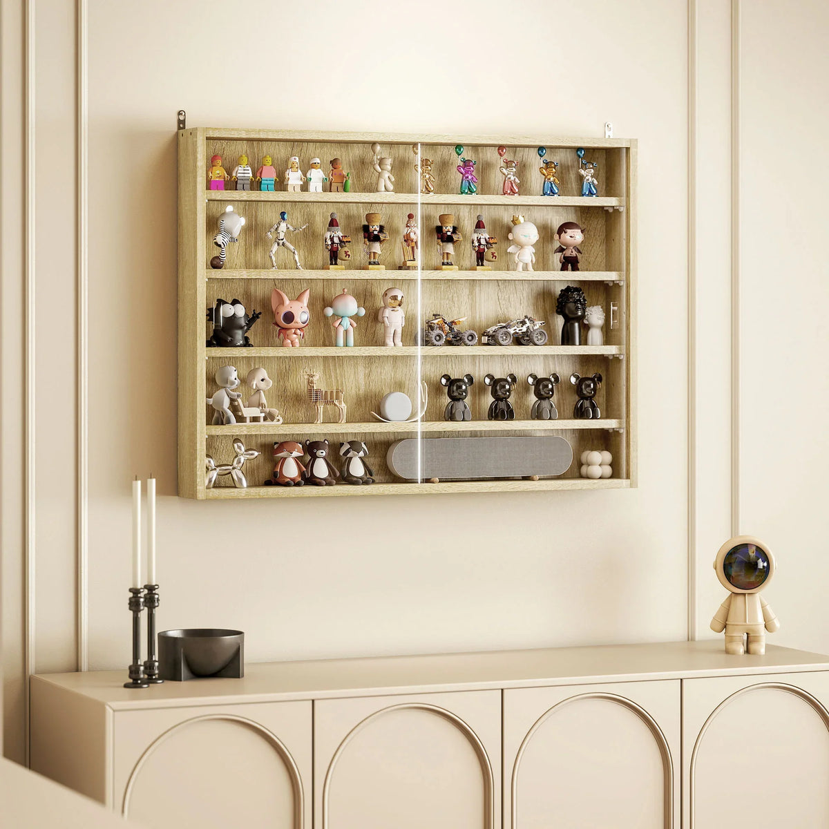 Oak wall display cabinet with glass doors, interior shelves filled with figurines and decor