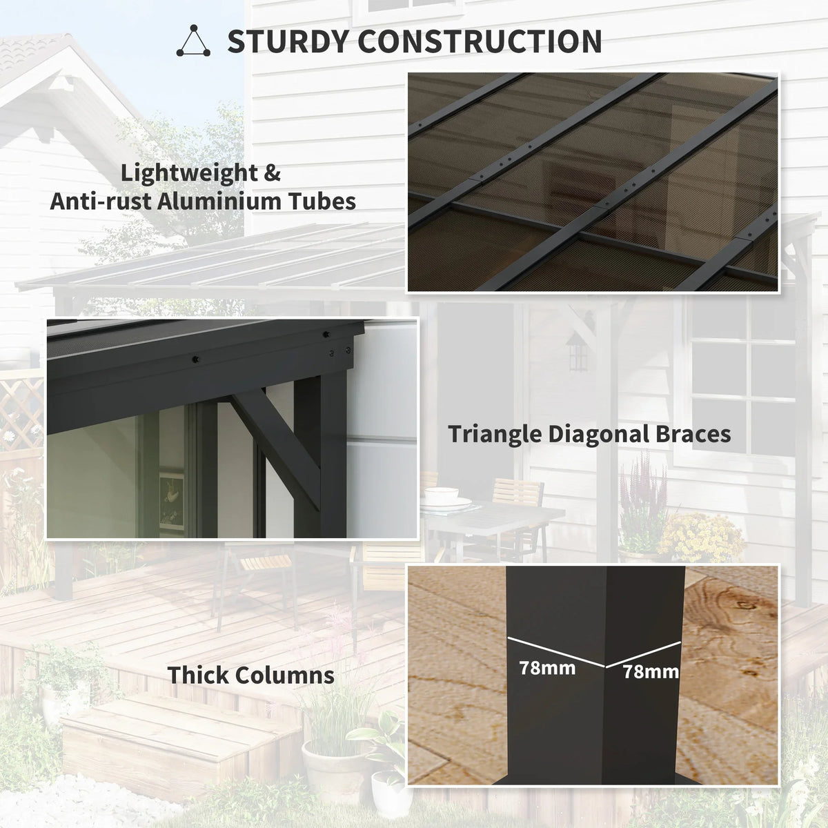 Dark grey metal pergola frame with thick columns, cross braces, and anti-rust tubes