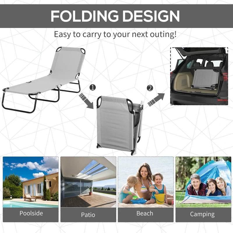 Light grey folding sun lounger shown in compact form with carrying straps