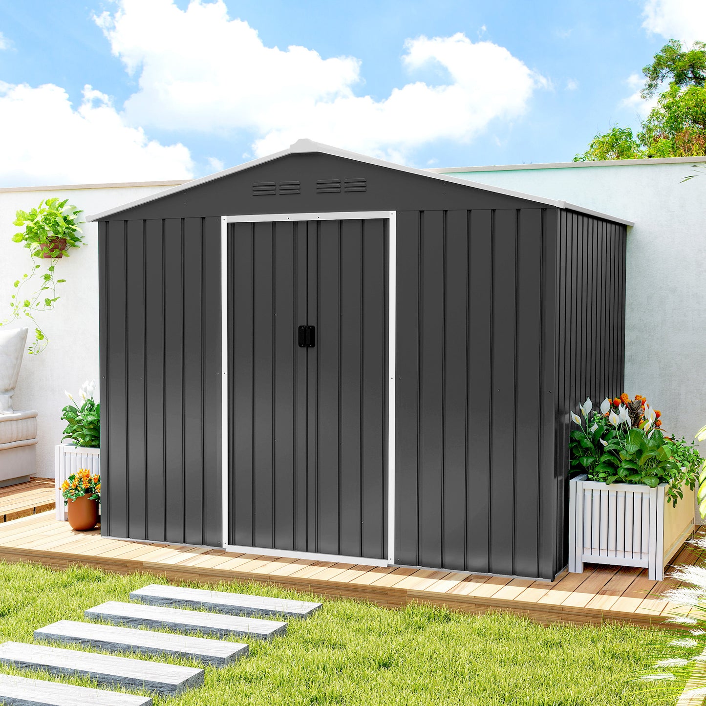 Outsunny 8x6ft Galvanised Steel Shed With Double Door Dark Grey For Garden Tools And Equipment