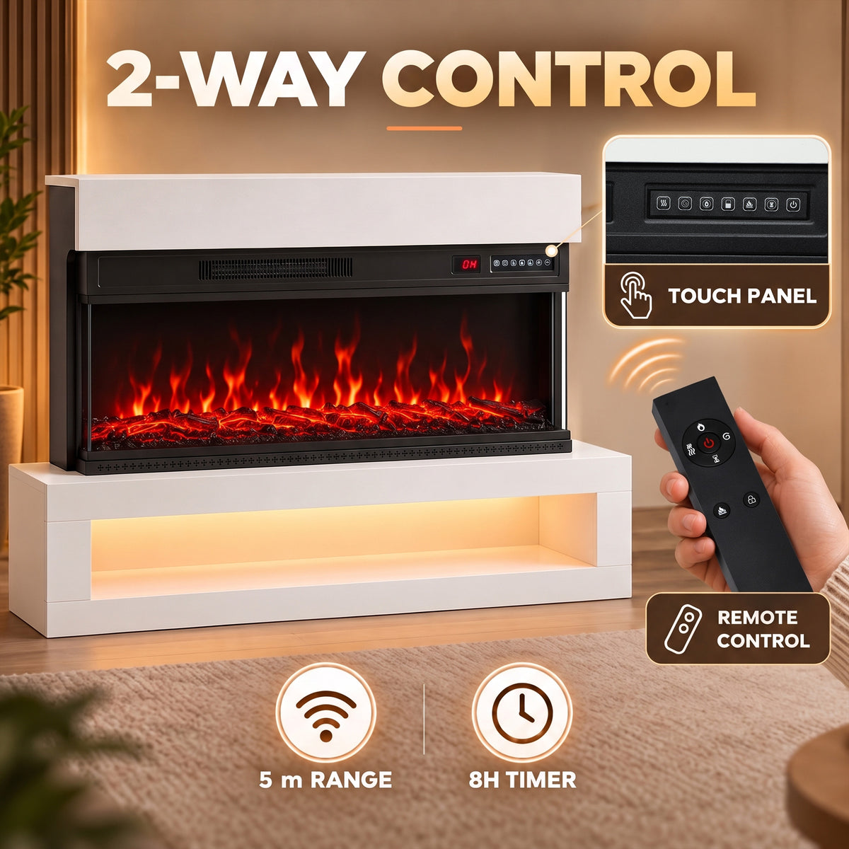 White electric fireplace with touch panel and remote control, featuring red flame insert